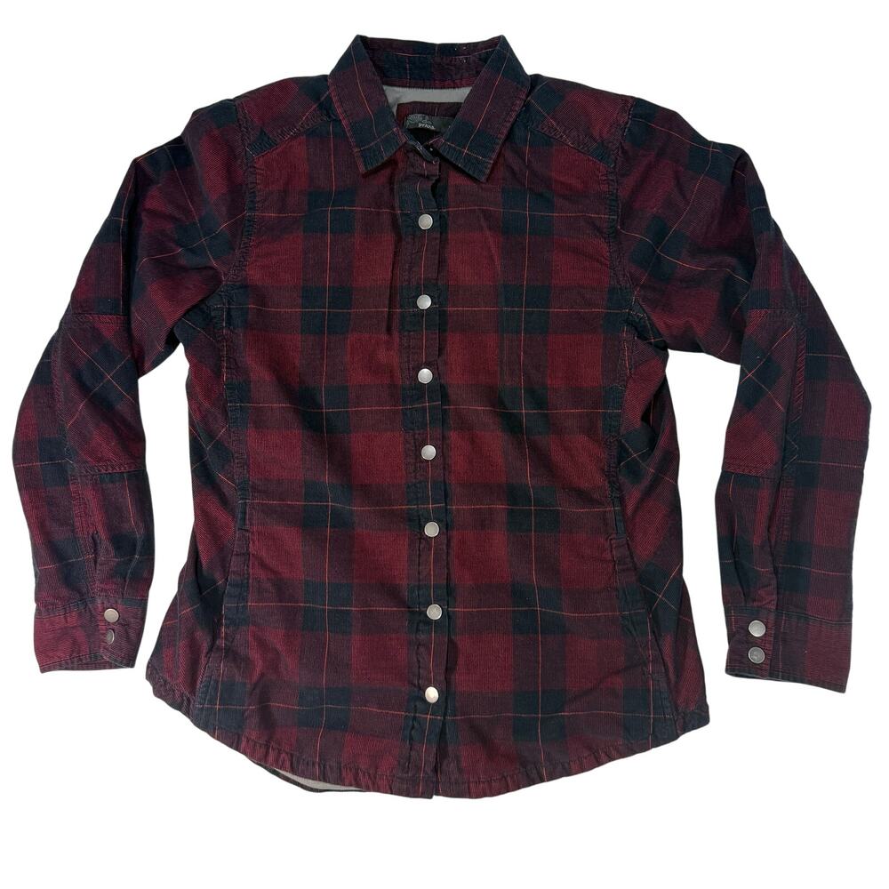 prAna Flannel Shirt Shacket Jacket Women’s Medium Red Black Plaid Snap Button